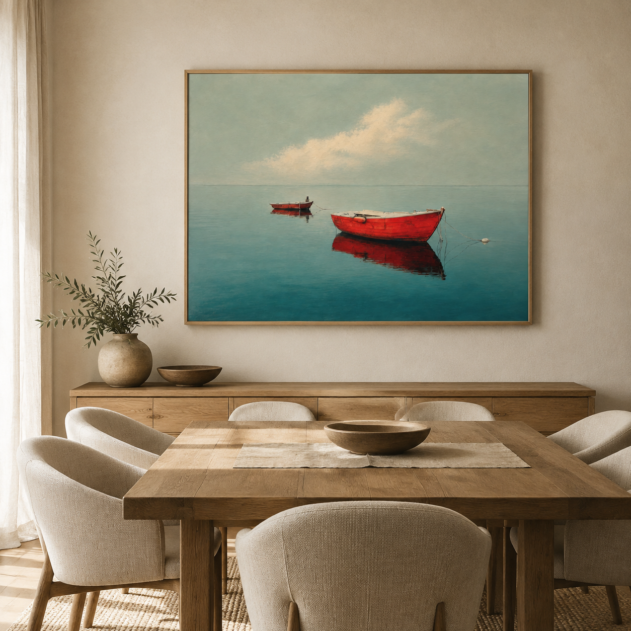 Boat wall art above a dining room sideboard – Still Anchorage by Rossetti Art