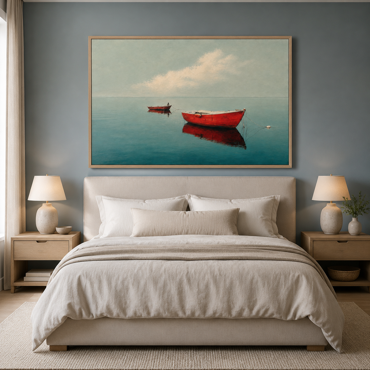 Boat wall art above a bed in a blue-grey bedroom – Still Anchorage by Rossetti Art