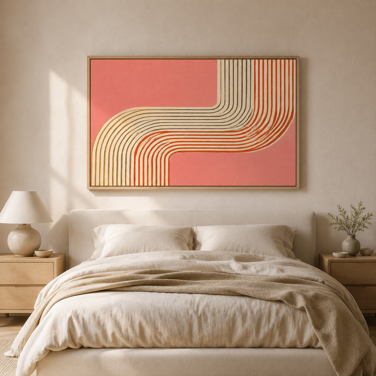Coral wall art above a bed in a warm neutral bedroom – Amber Bend by Rossetti Art