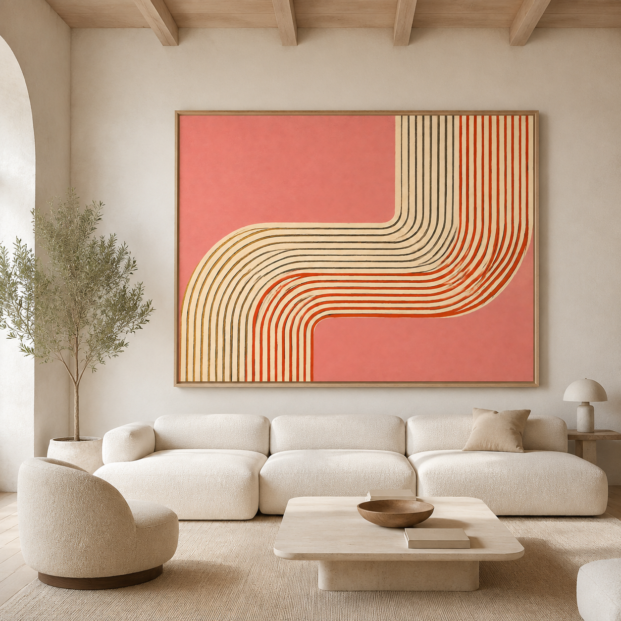 Coral wall art in a Mediterranean-style living room with an arched doorway – Amber Bend by Rossetti Art