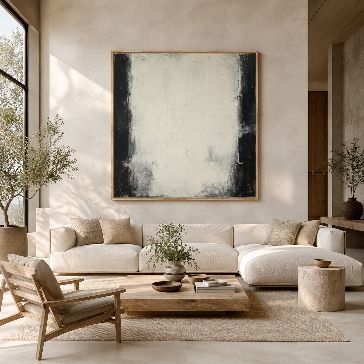 Black and white wall art canvas as a living room feature wall – Quiet Divide by Rossetti Art
