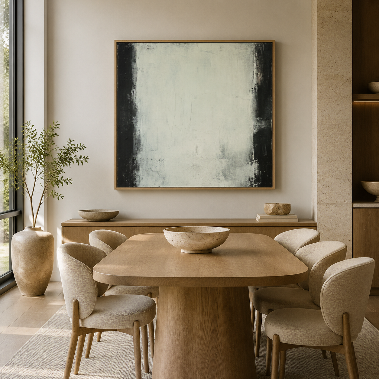 Black and white wall art canvas hung in a modern dining room – Quiet Divide by Rossetti Art