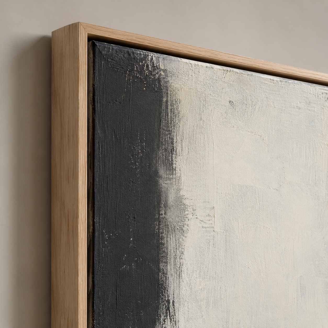 Close-up of the textured brushwork and oak floater frame on Quiet Divide black and white wall art canvas