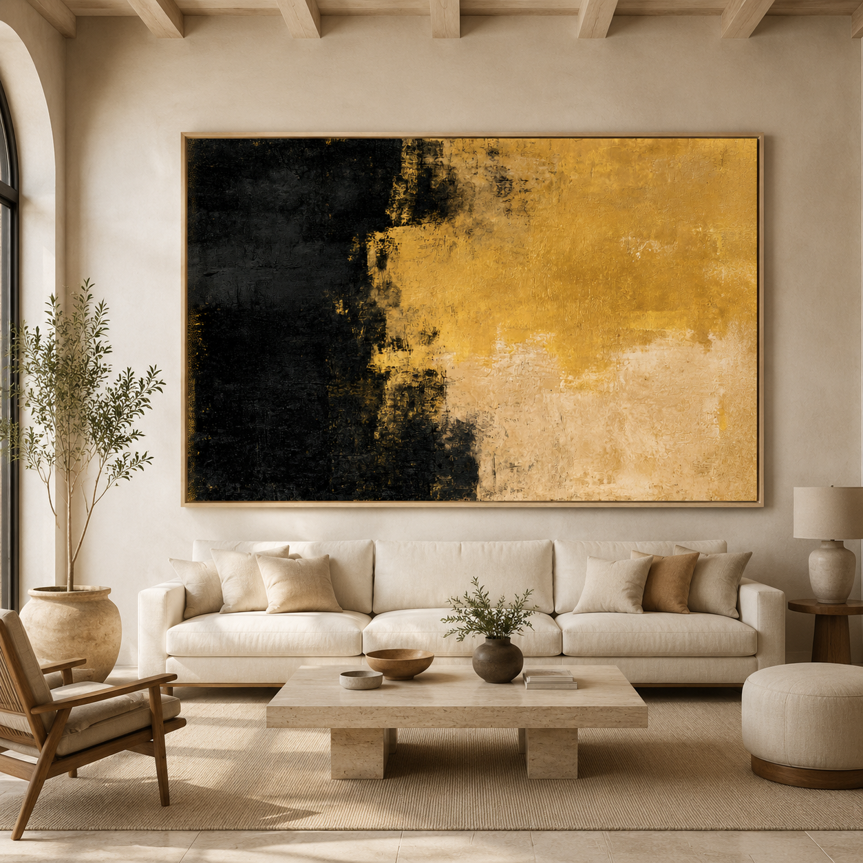 Gold foil painting above a bed in a bedroom – Gilded Fracture by Rossetti Art