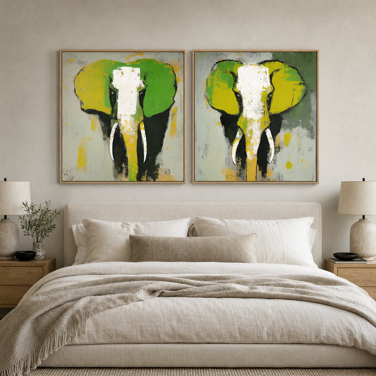 Abstract Elephant Painting — Emerald Herd (Set of 2)