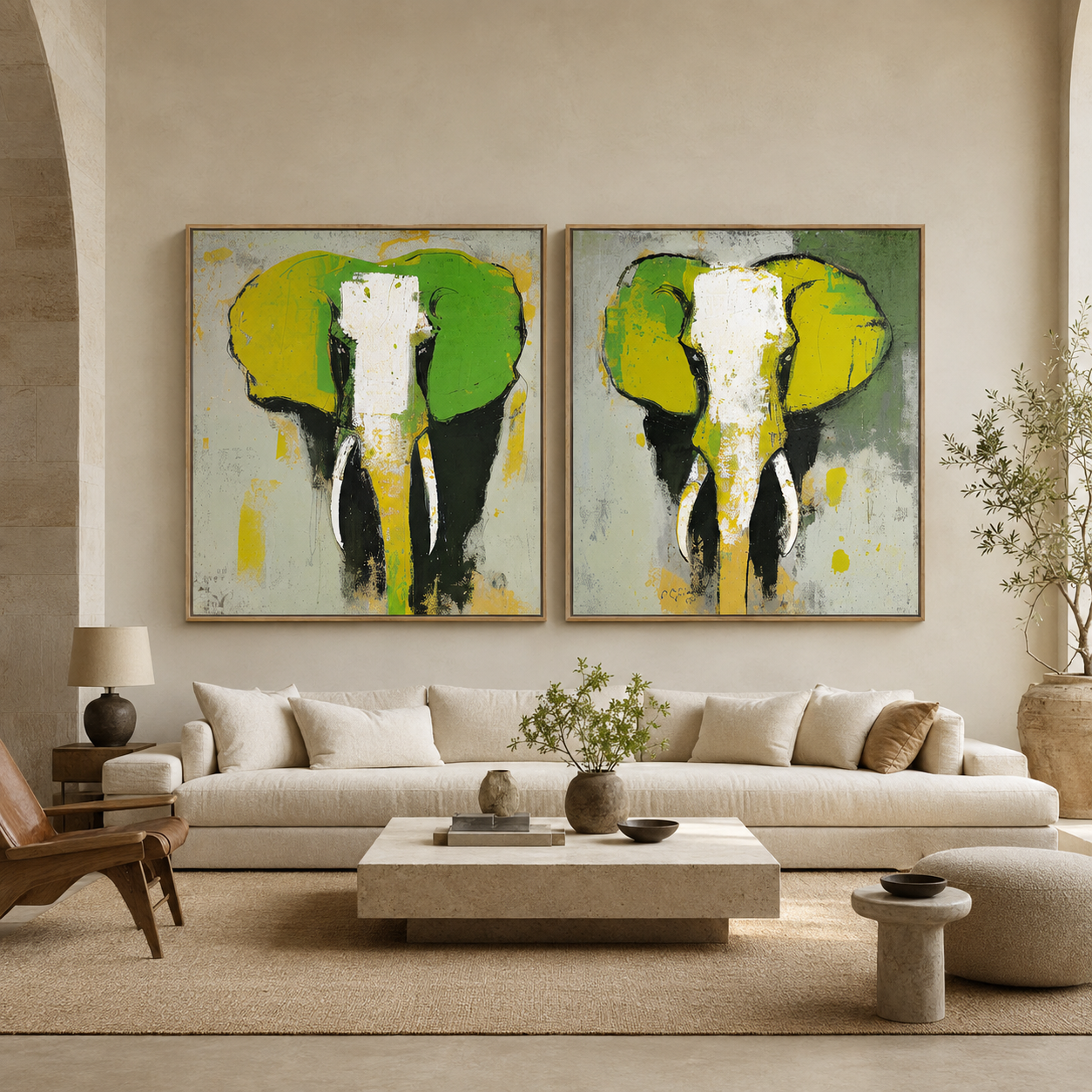 Abstract Elephant Painting — Emerald Herd (Set of 2)