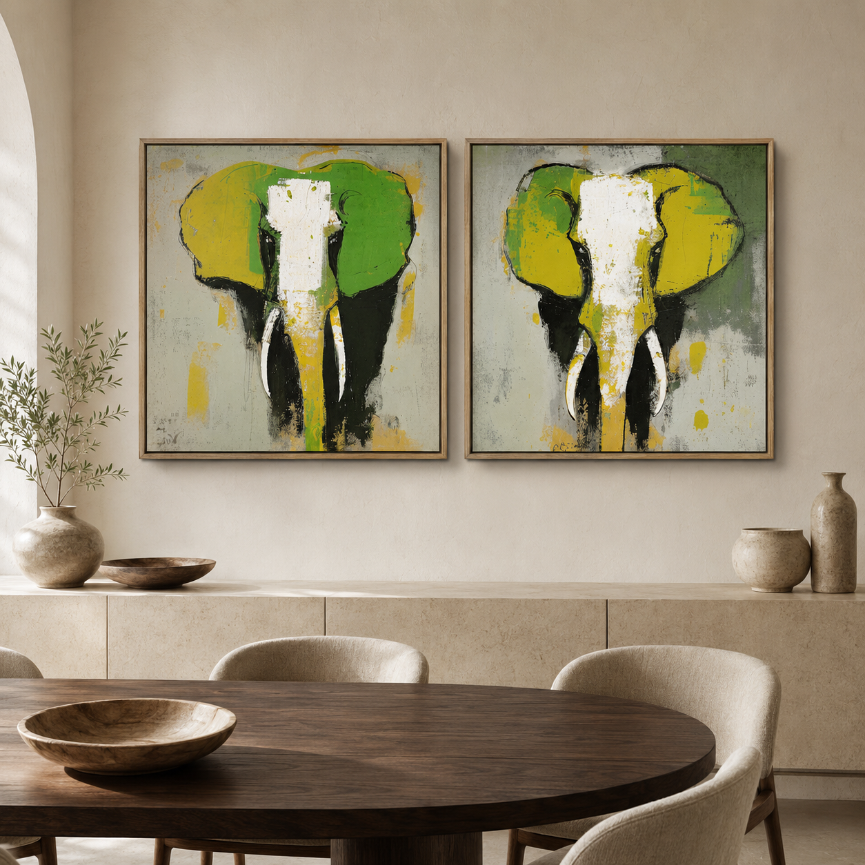 Abstract Elephant Painting — Emerald Herd (Set of 2)