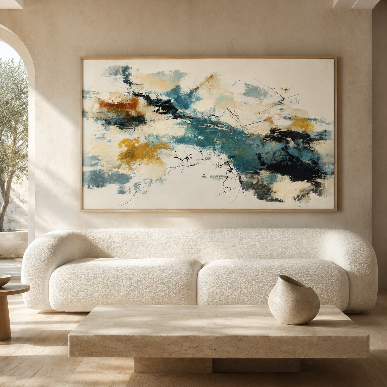 Blue and gold wall art canvas print above a living room sofa – Harbor Reverie by Rossetti Art