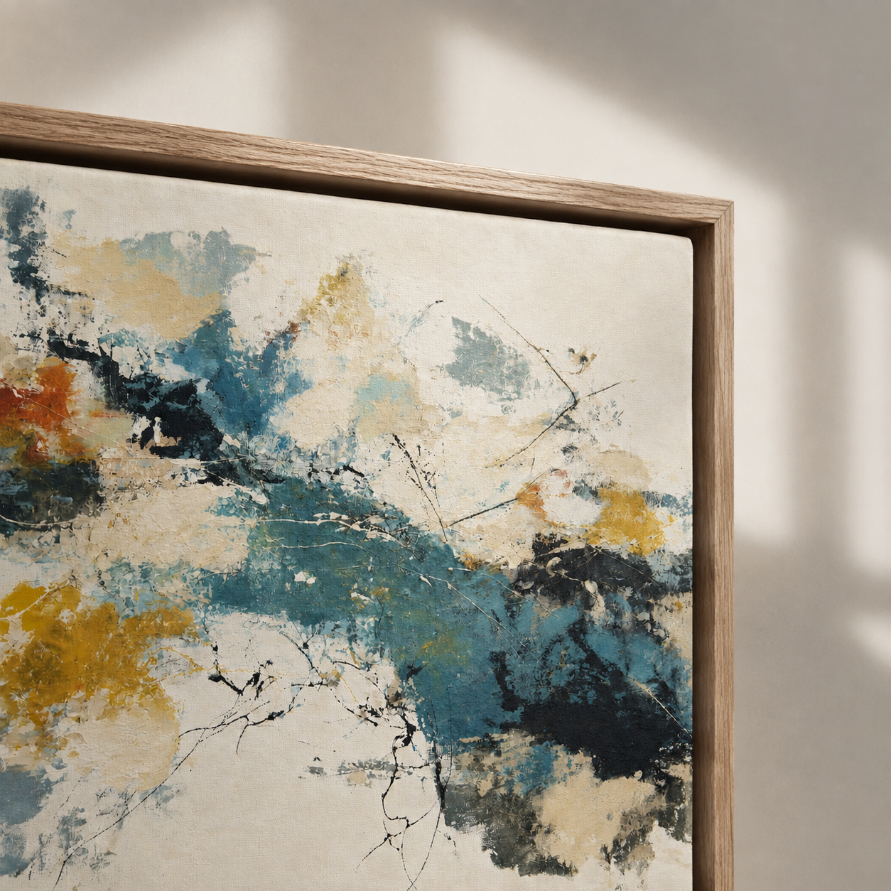 Close-up of oak hardwood floater frame on blue and gold wall art – Harbor Reverie by Rossetti Art