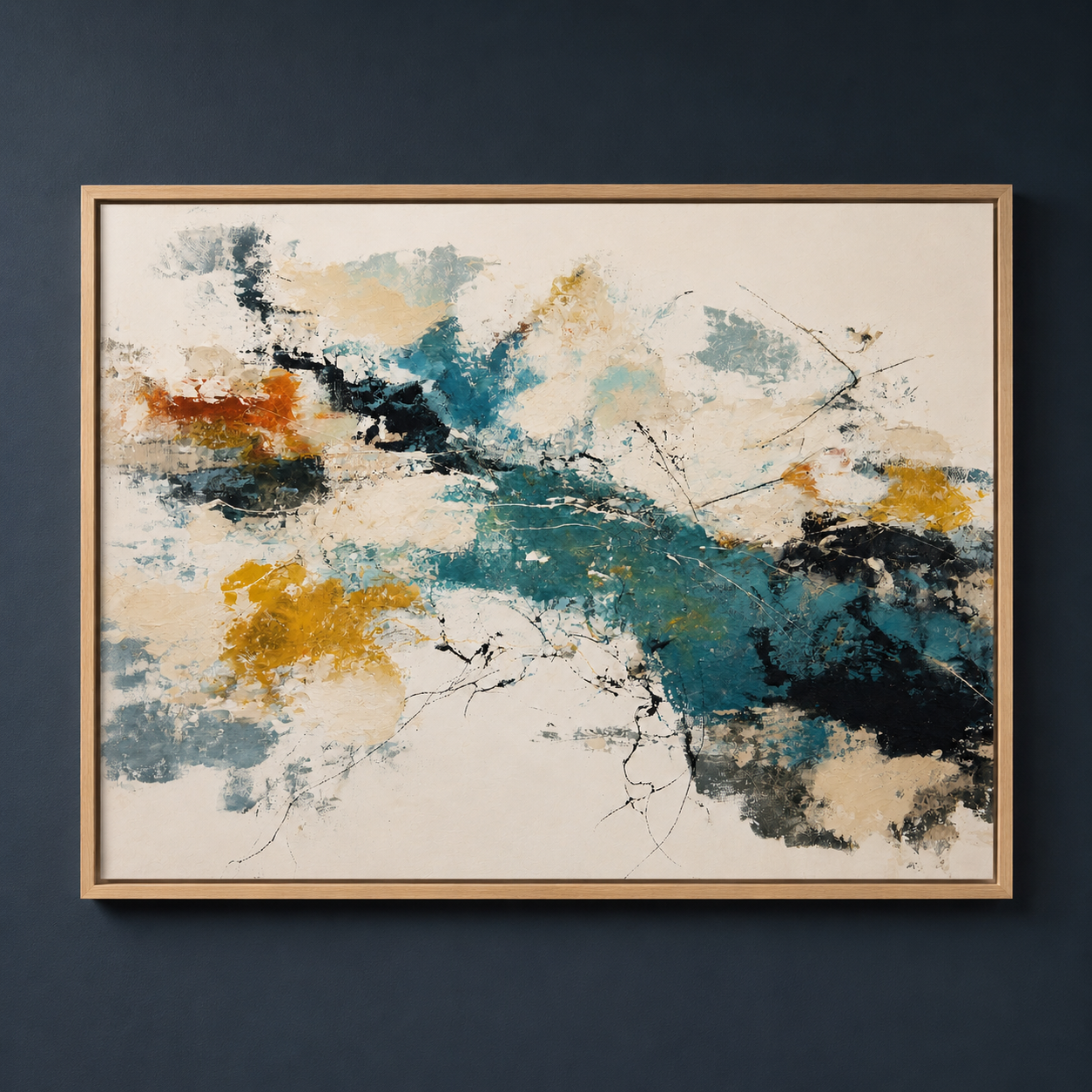 Blue and gold wall art in oak floater frame – Harbor Reverie by Rossetti Art