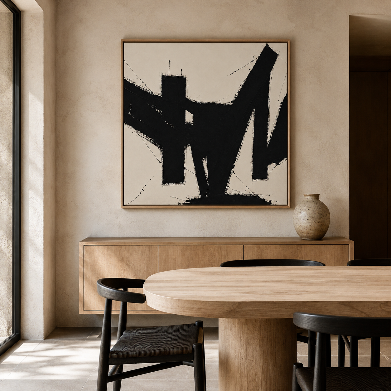 Abstract black and white canvas art above a dining room sideboard – You by Rossetti Art