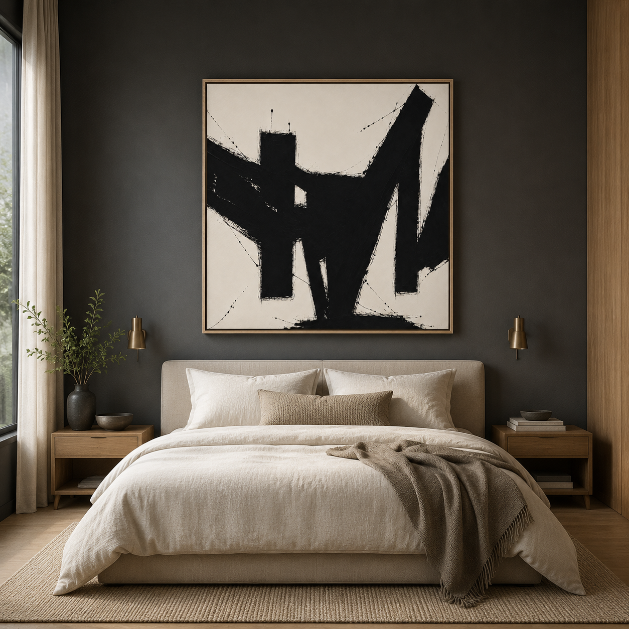Abstract black and white canvas art above a bedroom headboard – You by Rossetti Art
