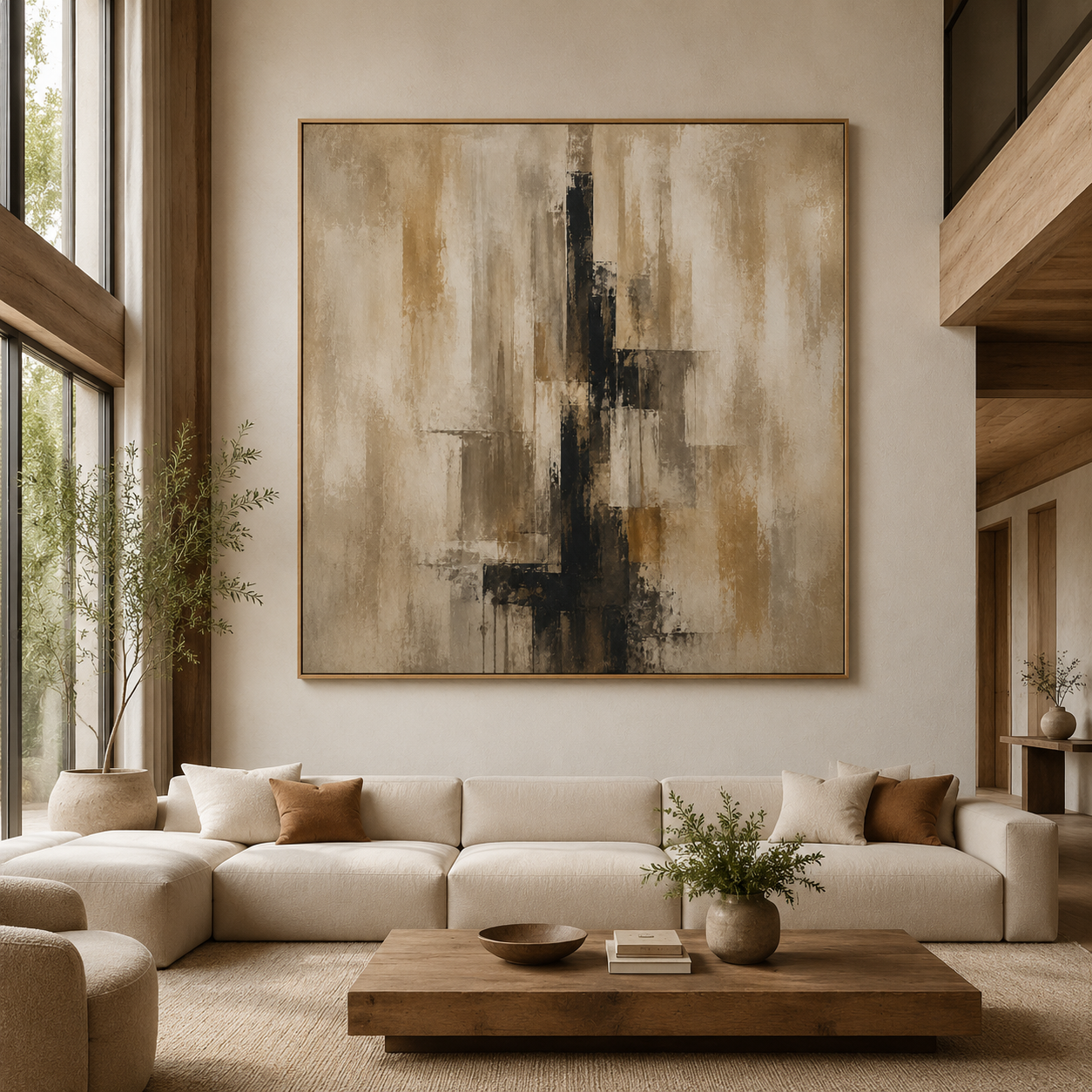 Vertical abstract wall art in charcoal, taupe, and gold striations – Amber Column by Rossetti Art