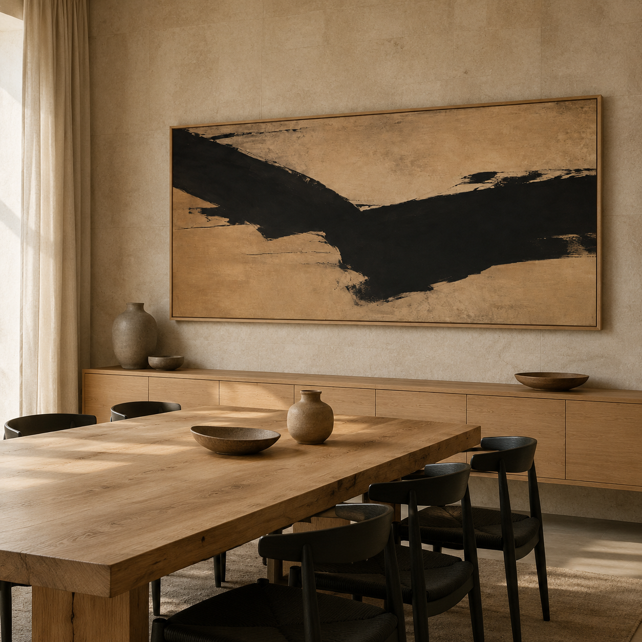 Ink Ravine canvas print in oak floater frame, black and gold abstract wall art