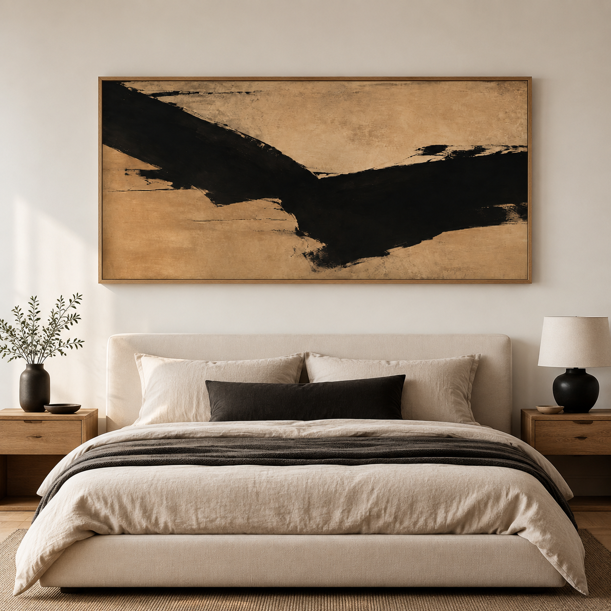 Black and gold abstract wall art with bold ink brushwork over aged-gold striations – Ink Ravine by Rossetti Art