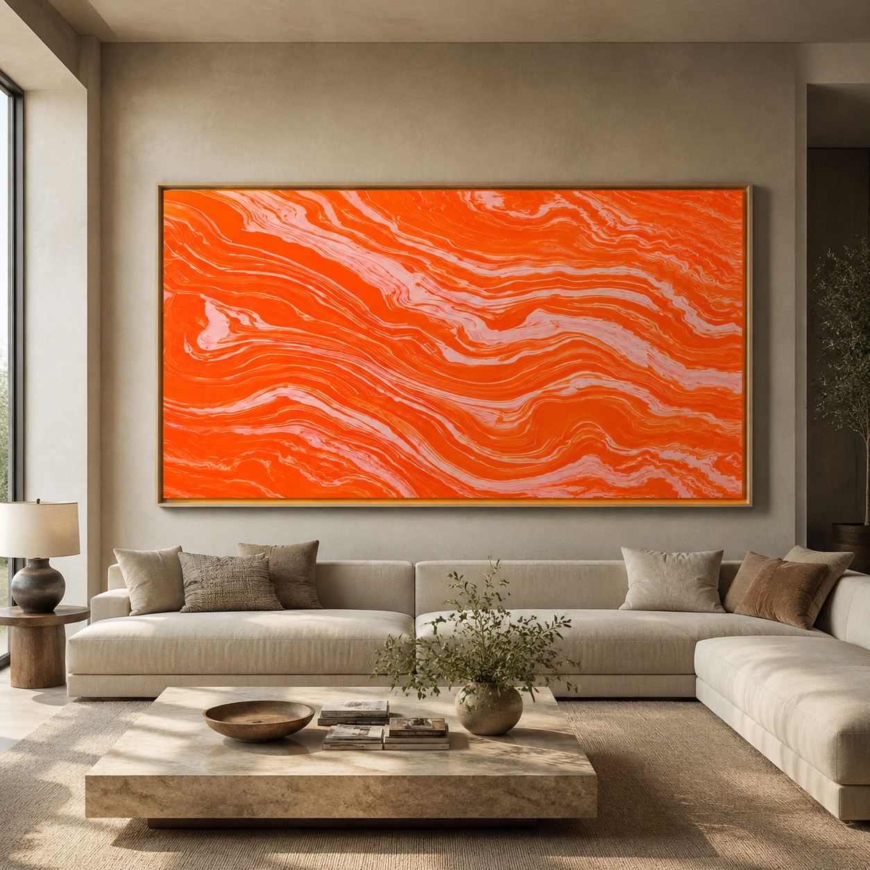 Close-up of the oak hardwood floater frame on Molten Coral orange abstract art – Rossetti Art