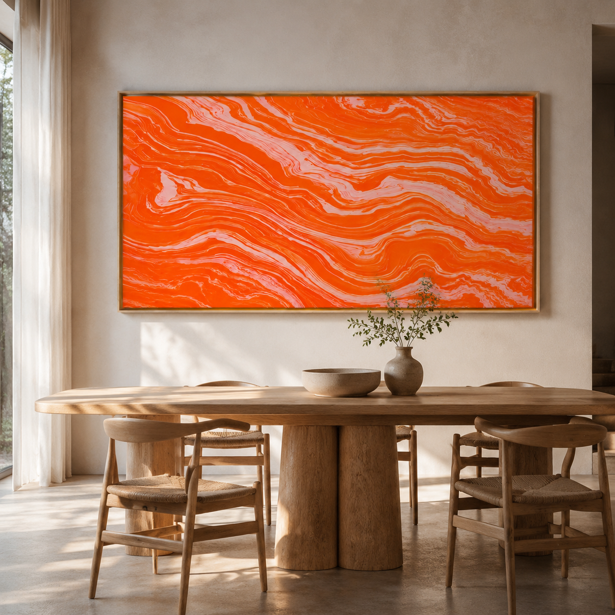 Orange and coral abstract canvas print above a dining table – Molten Coral by Rossetti Art