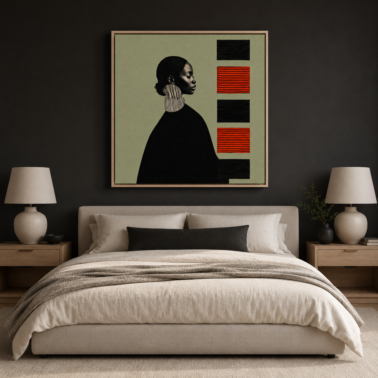 Quiet Cadence portrait collage art displayed above a bed in a moody bedroom