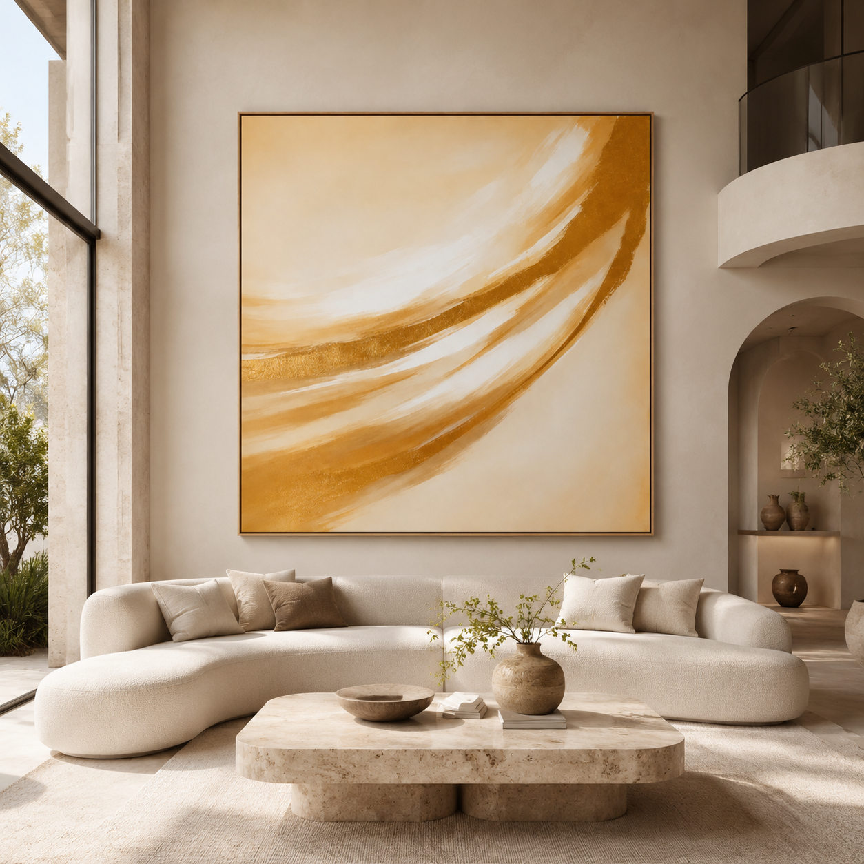 Golden Drift gold abstract canvas print shown above a curved sofa in a modern living room