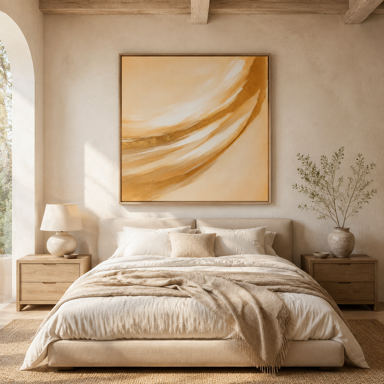 Golden Drift gold abstract canvas print hung above a bed in a serene neutral bedroom
