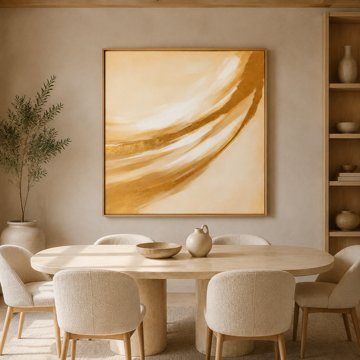 Golden Drift gold abstract wall art displayed above a dining table in a warm neutral dining room