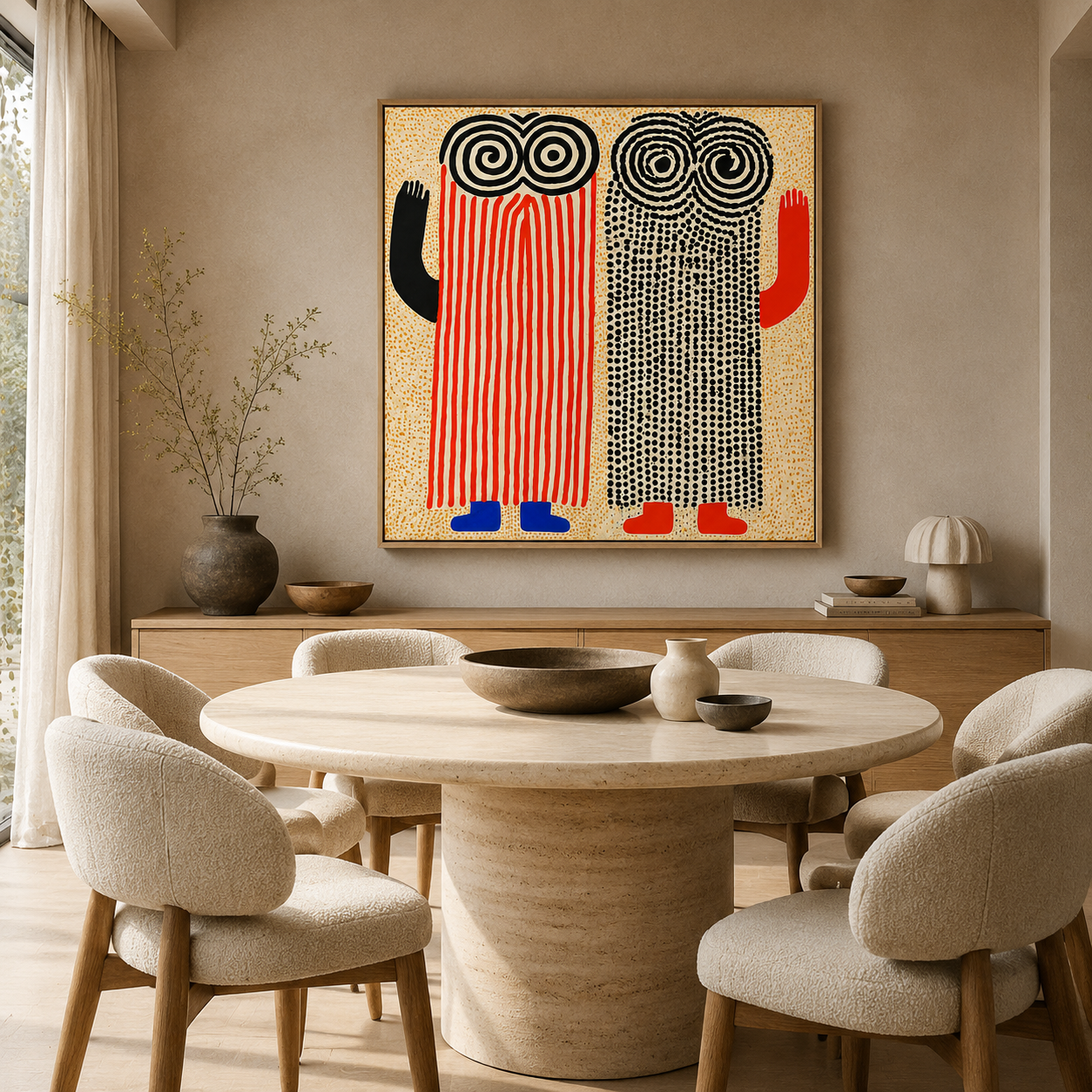 Spiral Sentinels folk-art canvas print displayed above a wooden sideboard in a bright, textural dining room