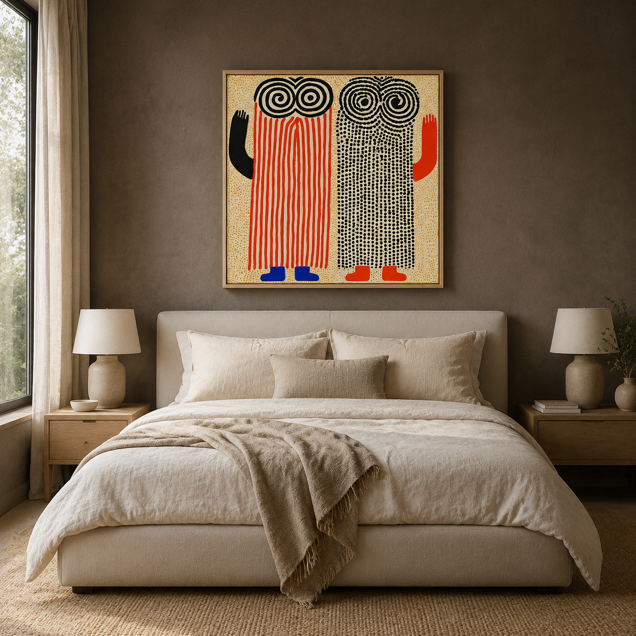 Spiral Sentinels eclectic wall art canvas print hung above a neutral bed in a warm, minimalist bedroom