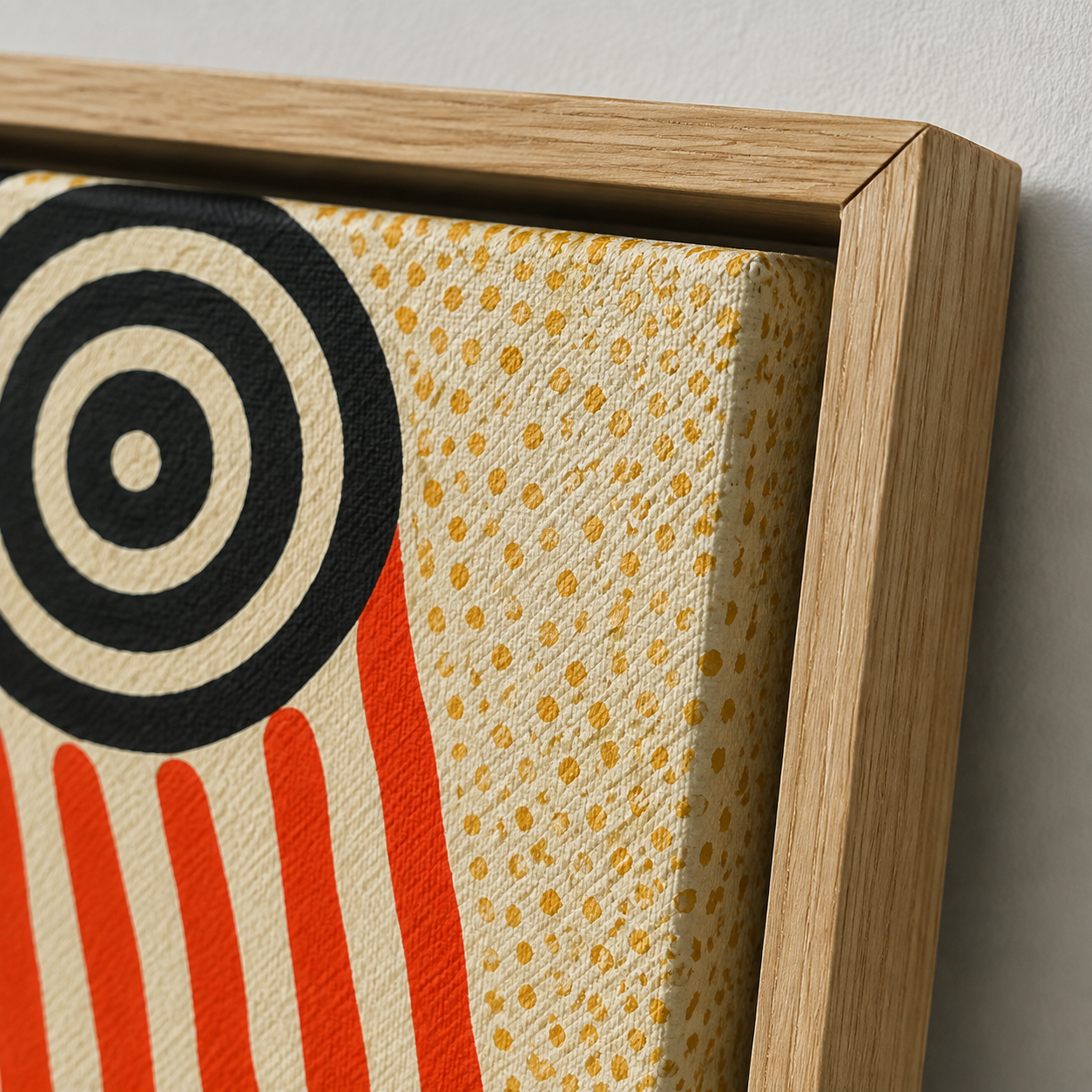 Close-up corner detail of the Spiral Sentinels canvas print showing the oak float frame and archival pigment ink texture on artist-grade canvas