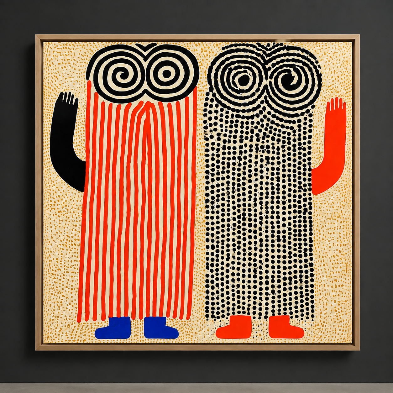 Eclectic wall art canvas print of two whimsical folk-art totemic figures with spiral eyes in an oak float frame, displayed on a dark charcoal wall