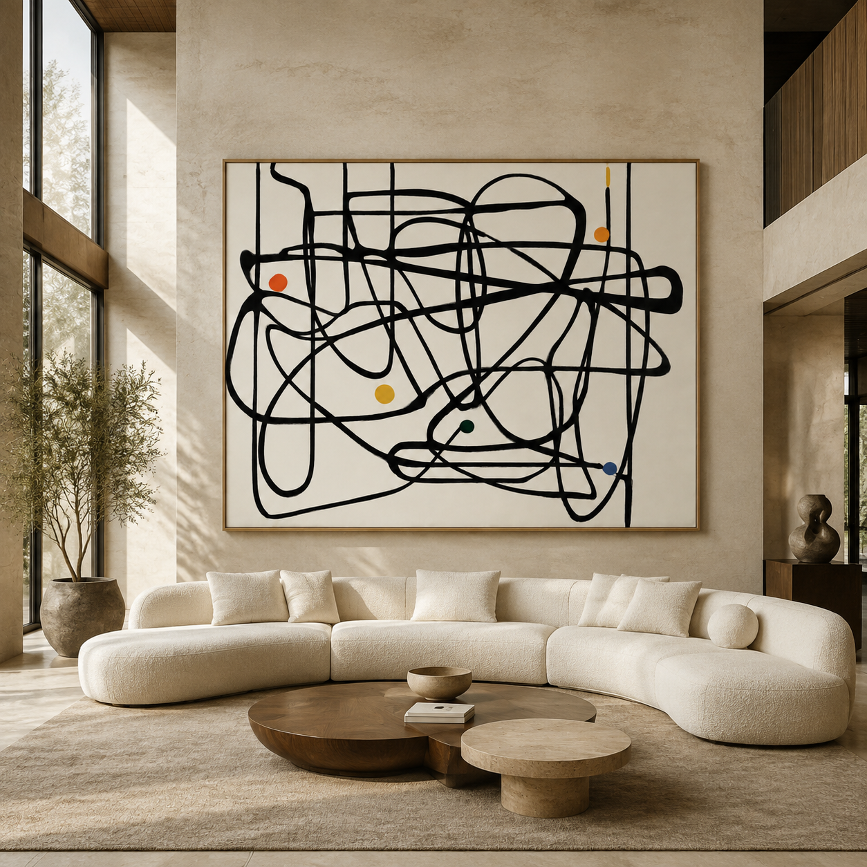 Tangled Orbit doodle wall art canvas print above a curved sofa in a modern living room