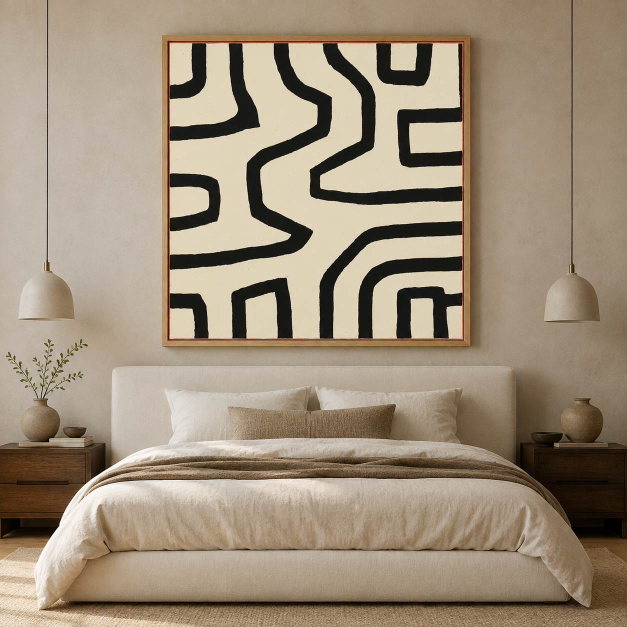 Winding Passage line drawing wall art framed canvas print above a bed in a neutral bedroom