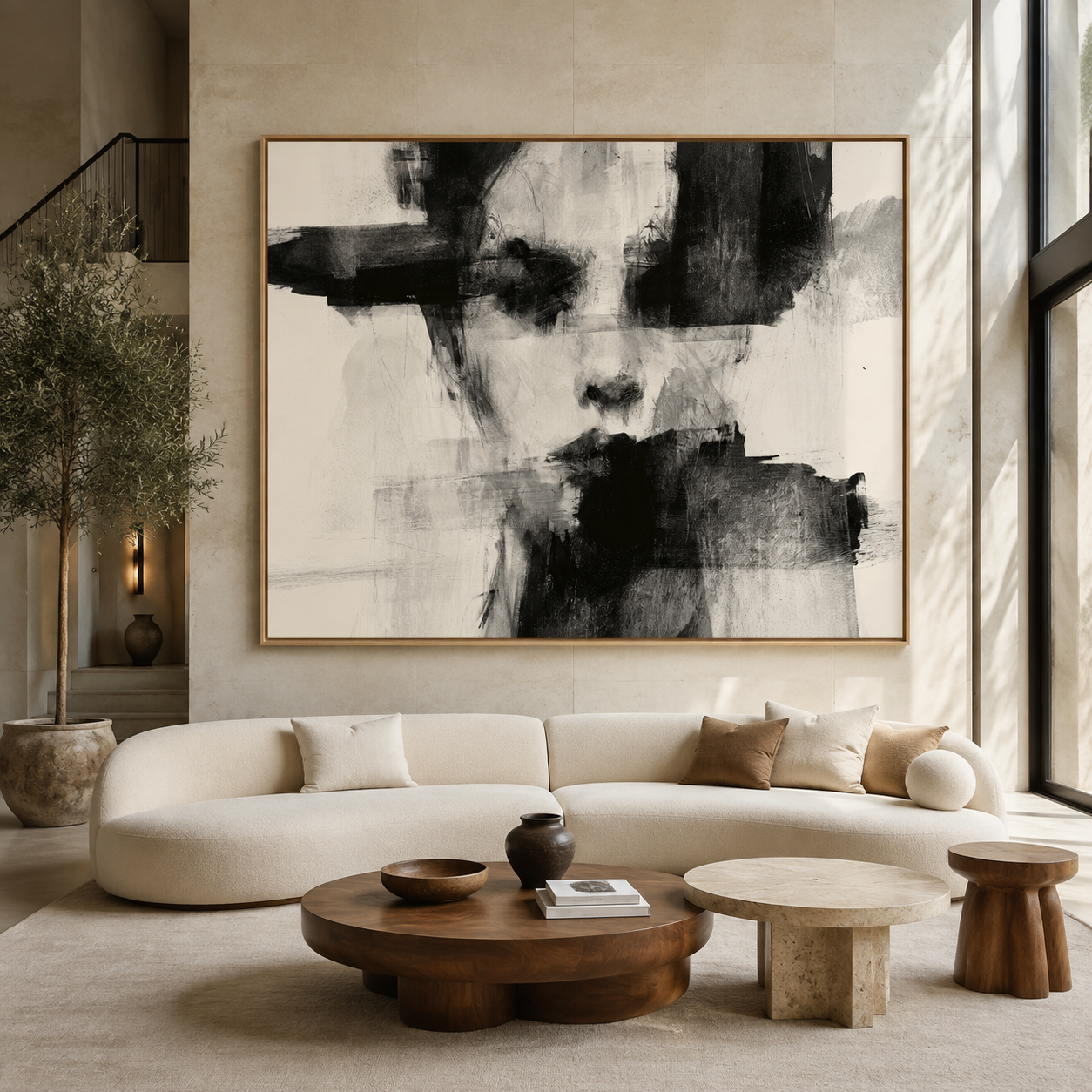 Fading Likeness figurative abstract painting canvas print above a curved sofa in a modern living room