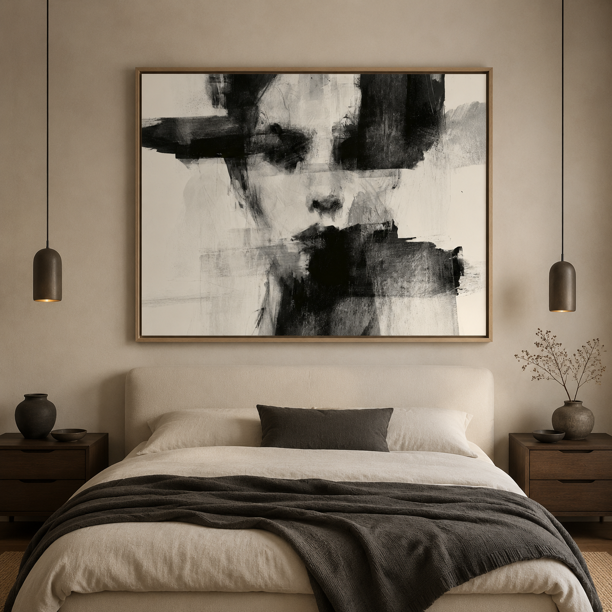 Fading Likeness figurative abstract painting framed canvas print above a bed in a neutral bedroom