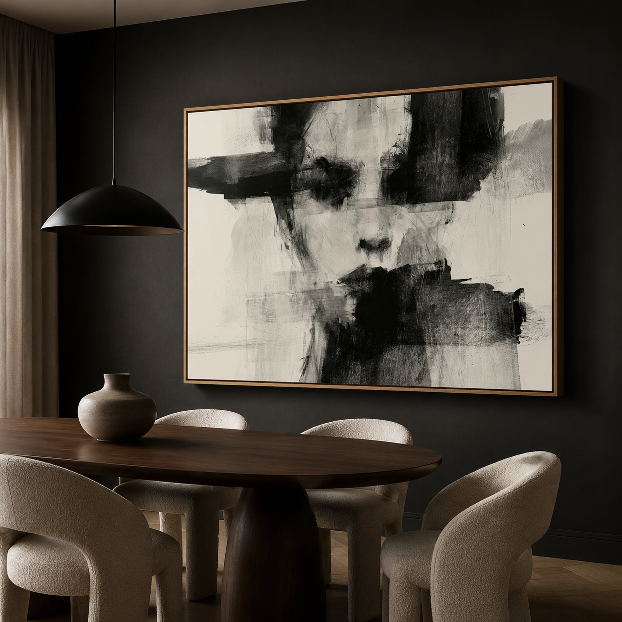 Fading Likeness figurative abstract painting canvas print on a dark wall in a modern dining room