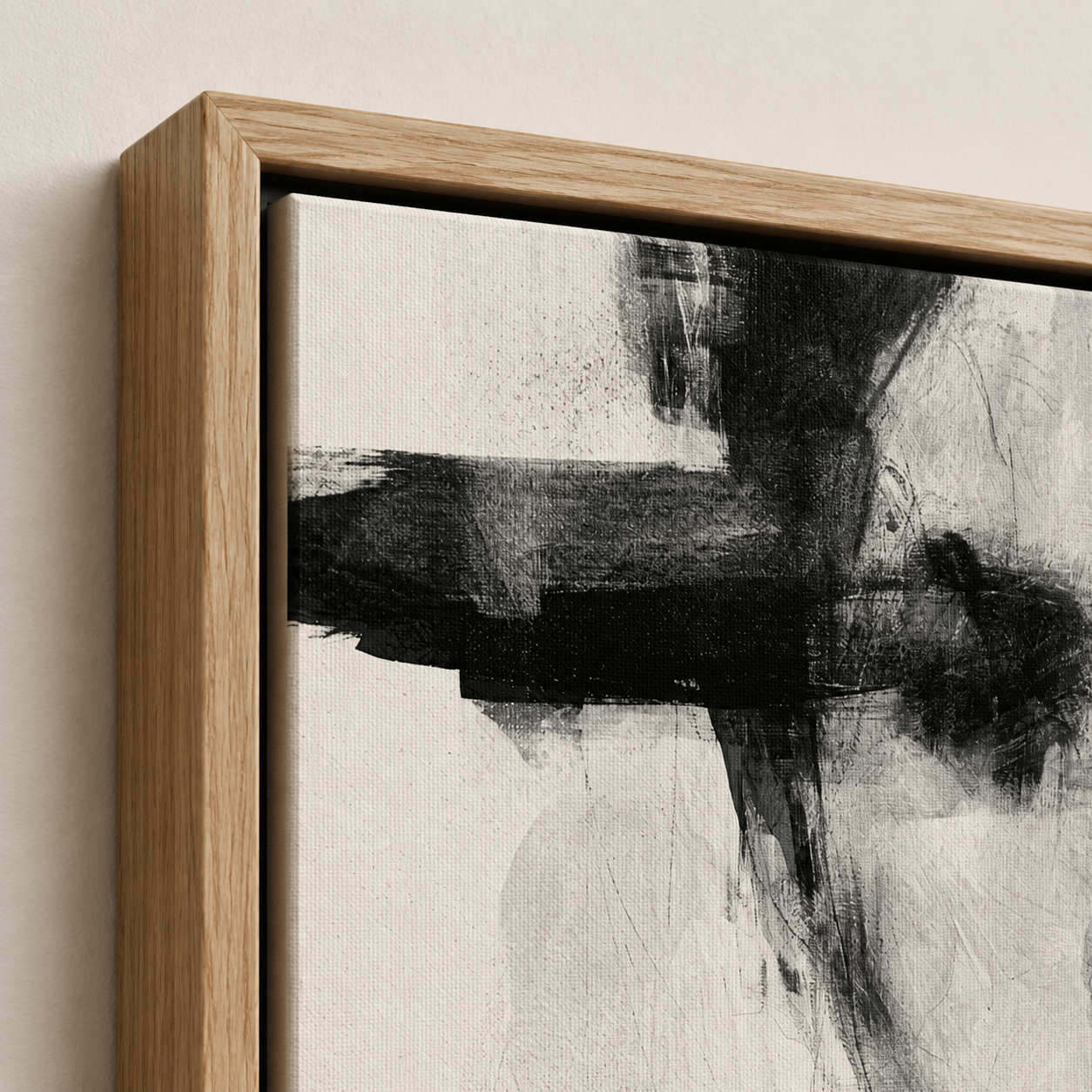 Close-up detail of the oak float frame and canvas texture on Fading Likeness figurative abstract painting