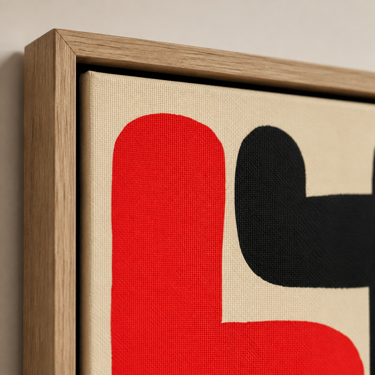 Close-up detail of the oak float frame and canvas texture on Crossfire Weave red black wall art