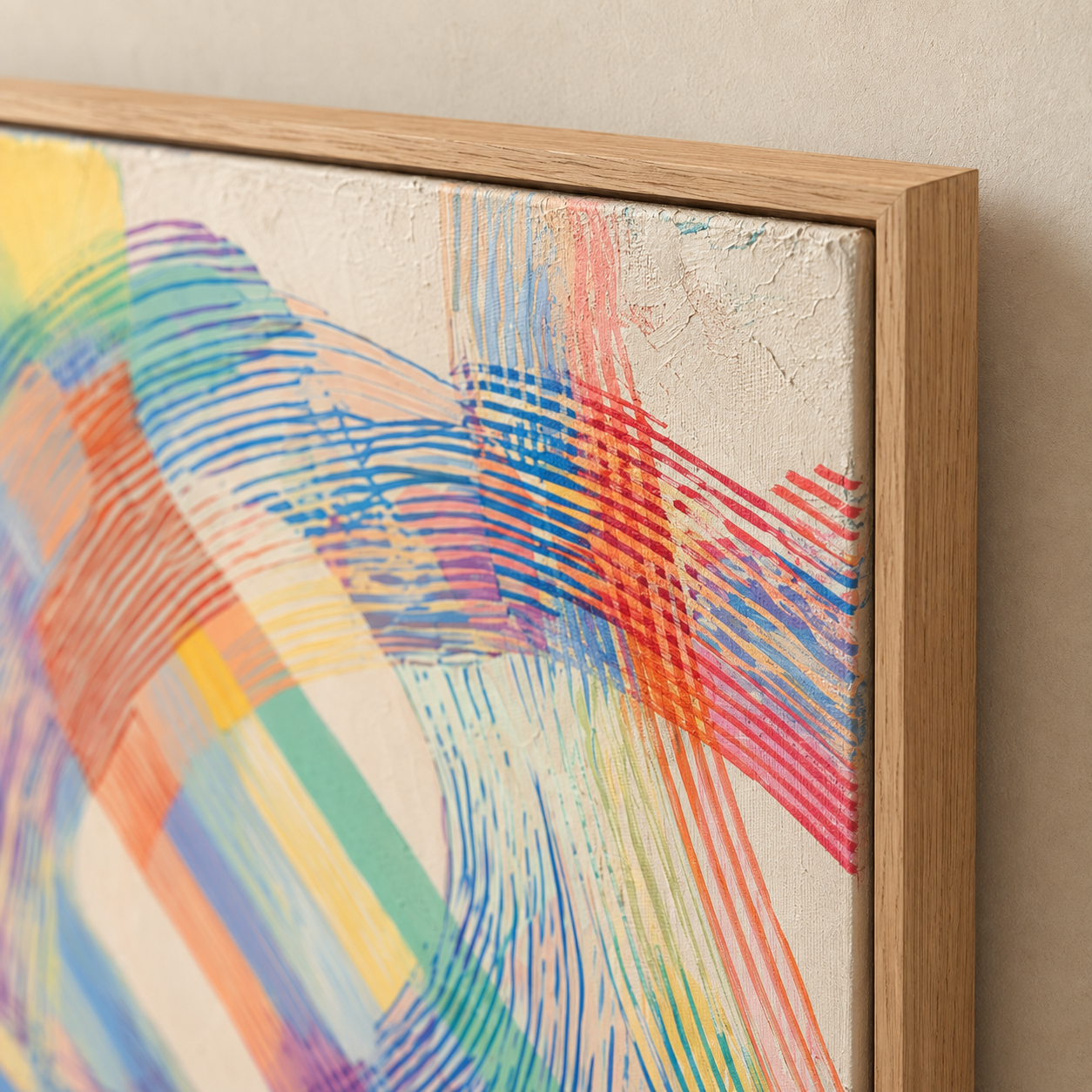 Oak floater frame detail on rainbow abstract art canvas print – Prism Loop by Rossetti Art