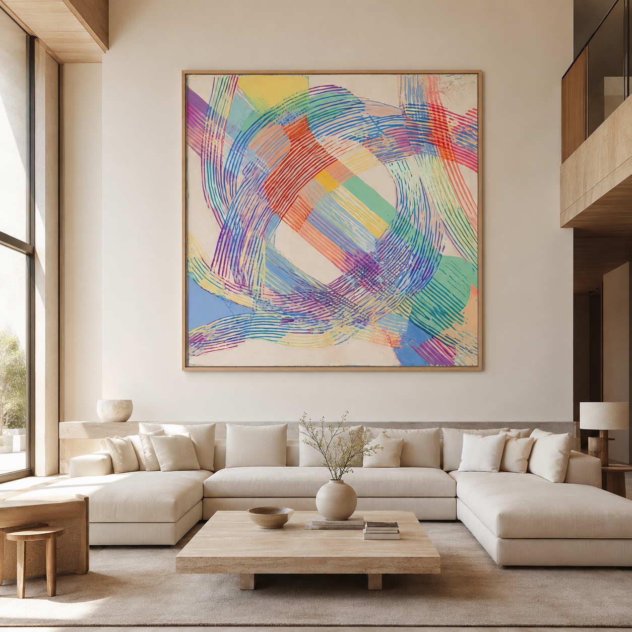 Rainbow abstract art canvas print in a modern living room – Prism Loop by Rossetti Art
