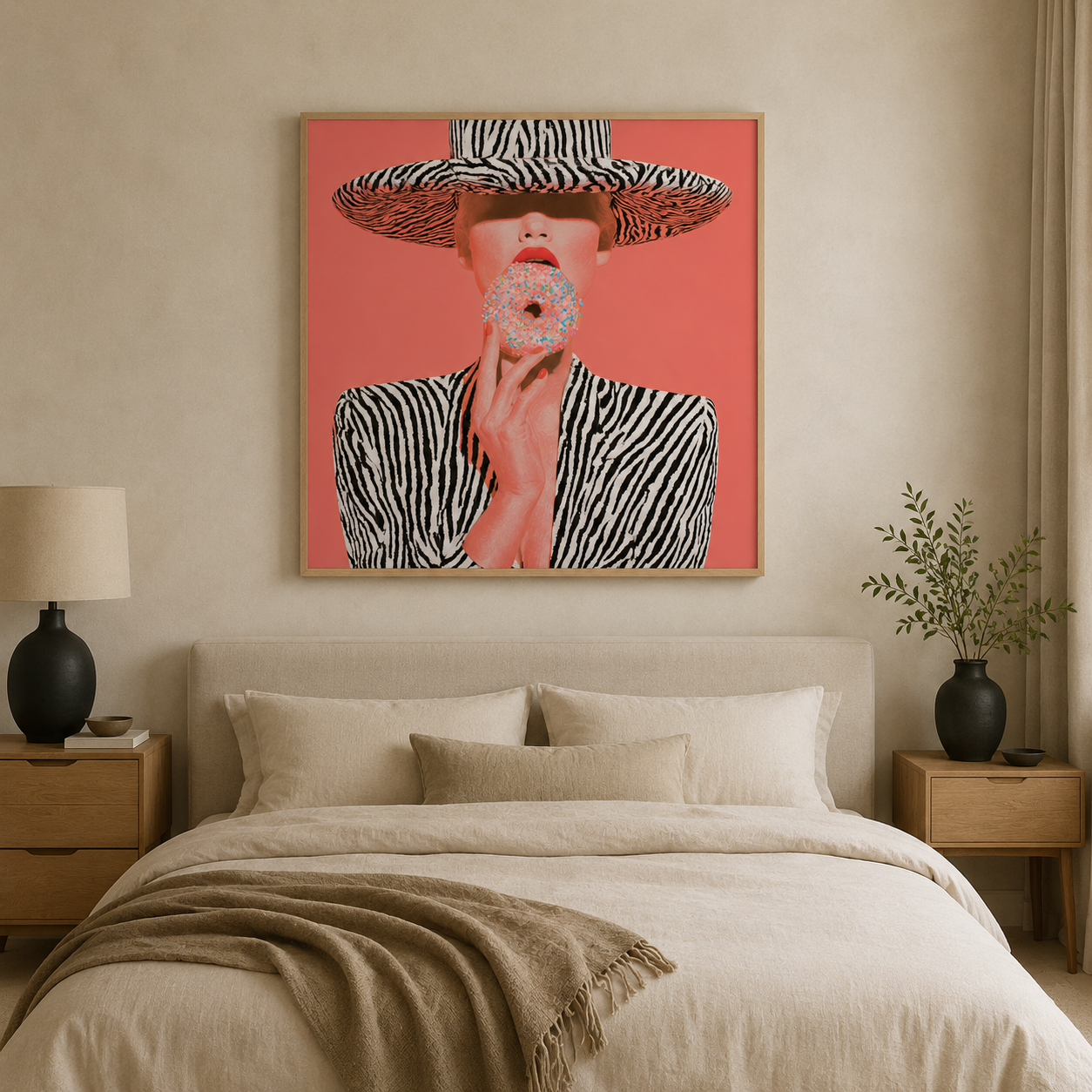 Close-up of hand-stretched canvas texture and oak floater frame – Glazed Safari by Rossetti Art