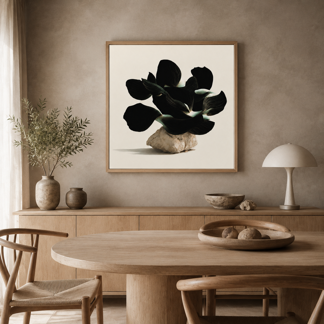 Black flower wall art displayed in a dining room – Obsidian Bloom by Rossetti Art