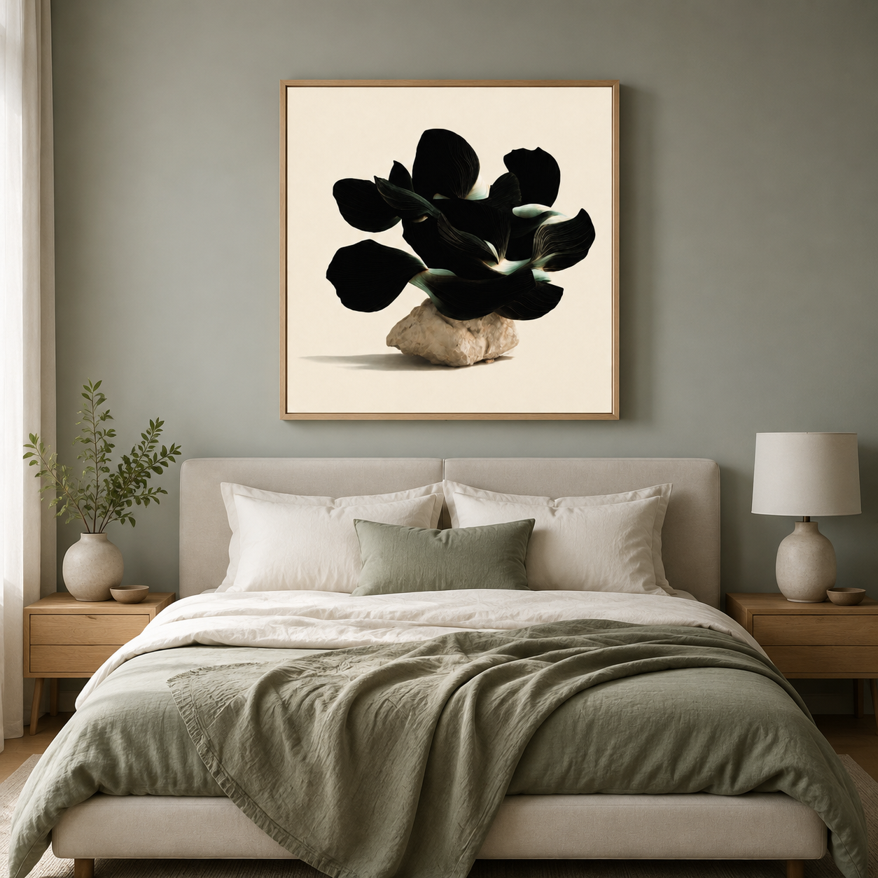 Black flower wall art above the bed in a sage green bedroom – Obsidian Bloom by Rossetti Art