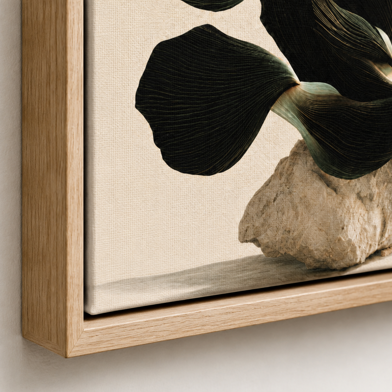 Close-up of the canvas texture and oak floater frame on the Obsidian Bloom black flower wall art by Rossetti Art