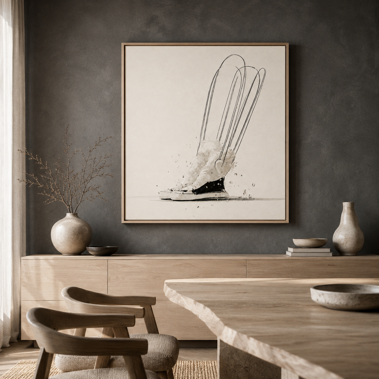 Sneaker Painting – Stride Study displayed on a dark charcoal dining room wall above a wood sideboard