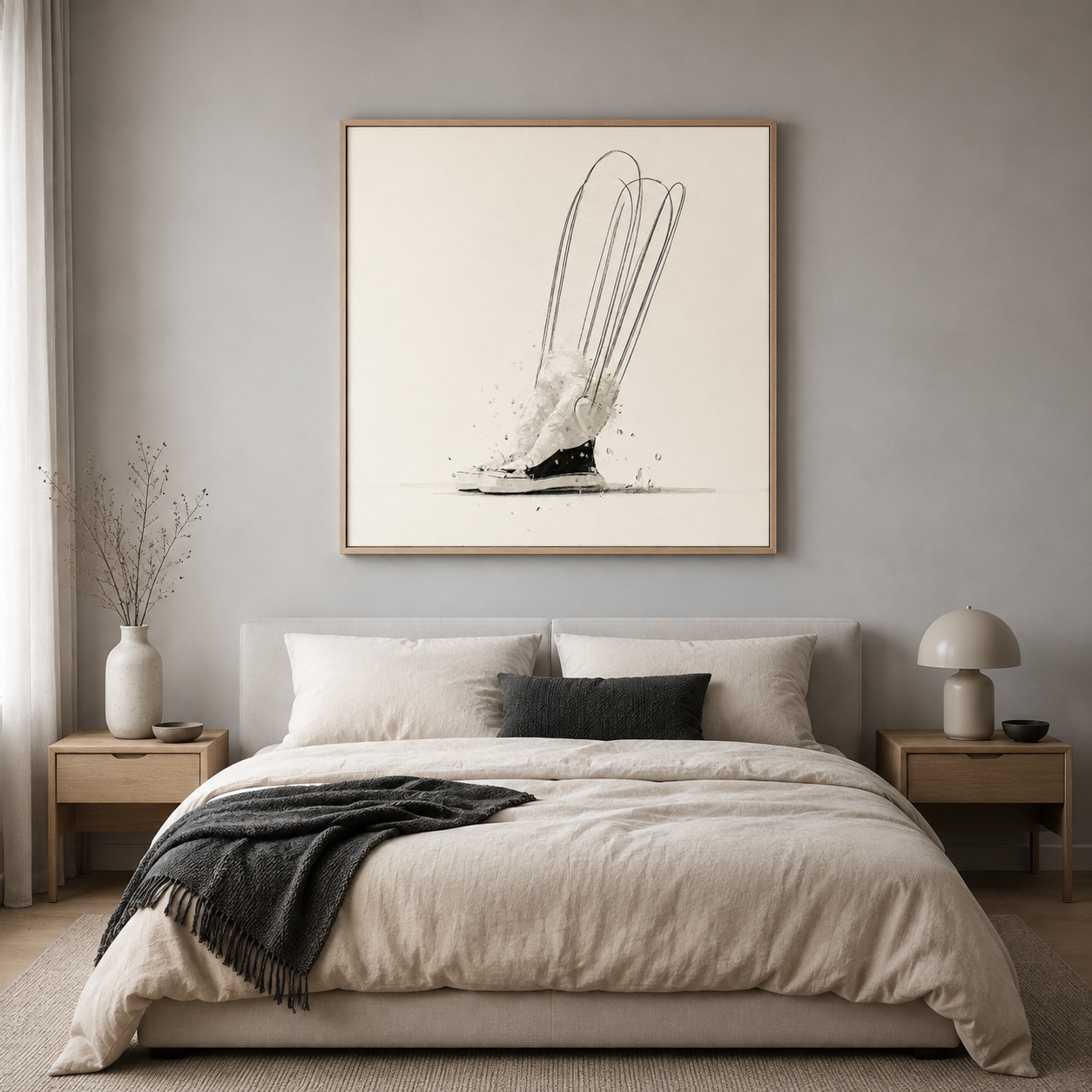 Sneaker Painting – Stride Study hung above the bed in a soft gray bedroom