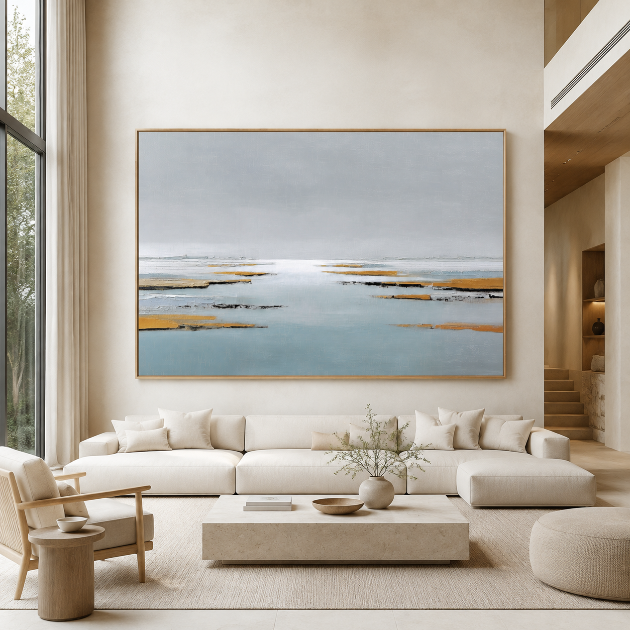 Gray and tan wall art canvas print above a sofa in a bright living room with a staircase – Low Water by Rossetti Art