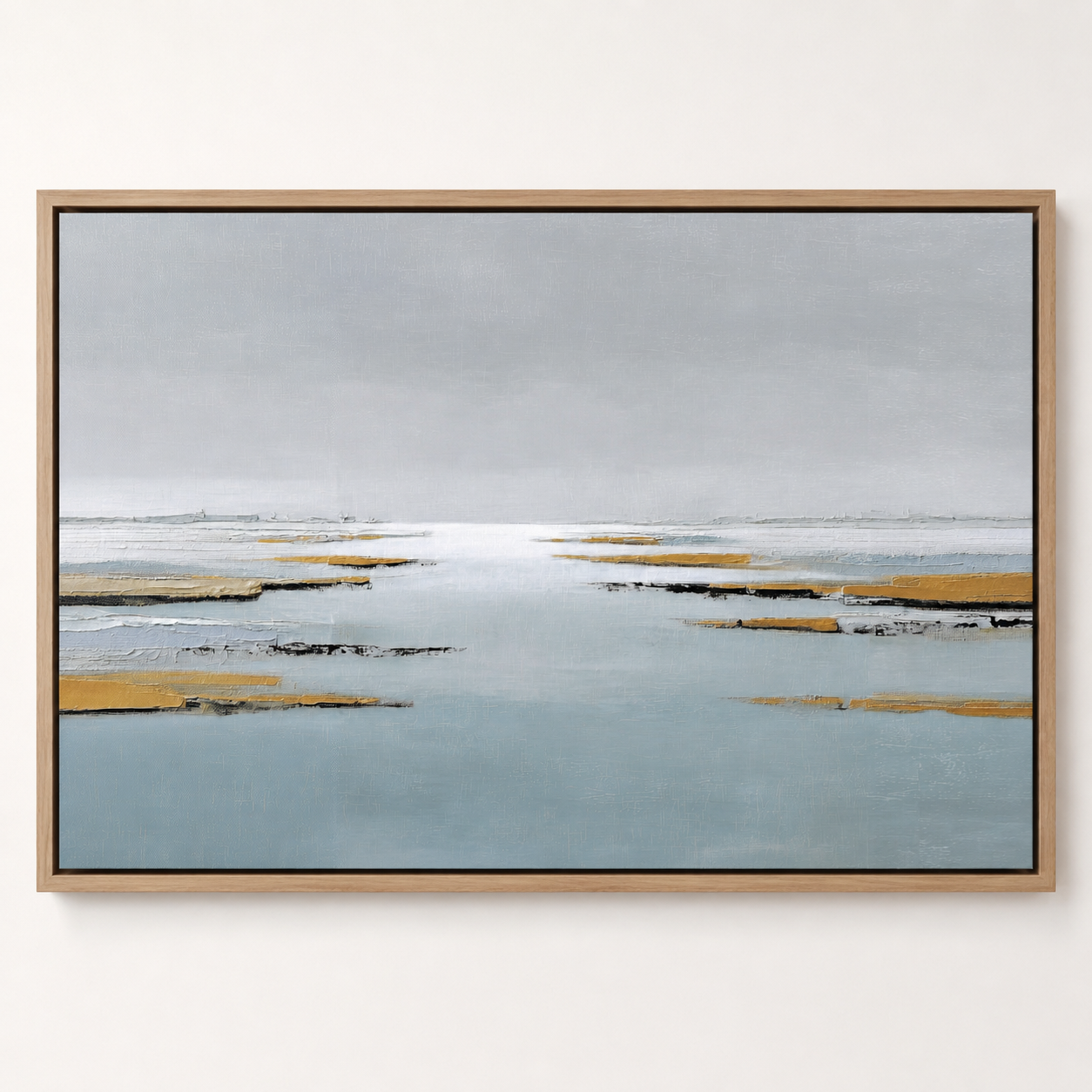 Gray and tan wall art in a clean living room setting – Low Water by Rossetti Art