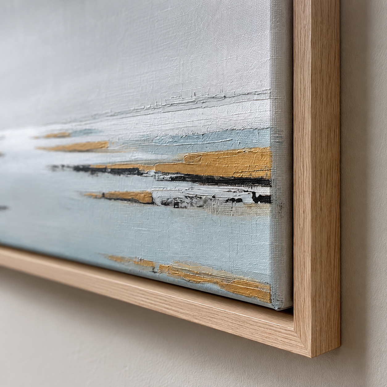 Close-up detail of gray and tan wall art canvas texture and oak floater frame corner – Low Water by Rossetti Art