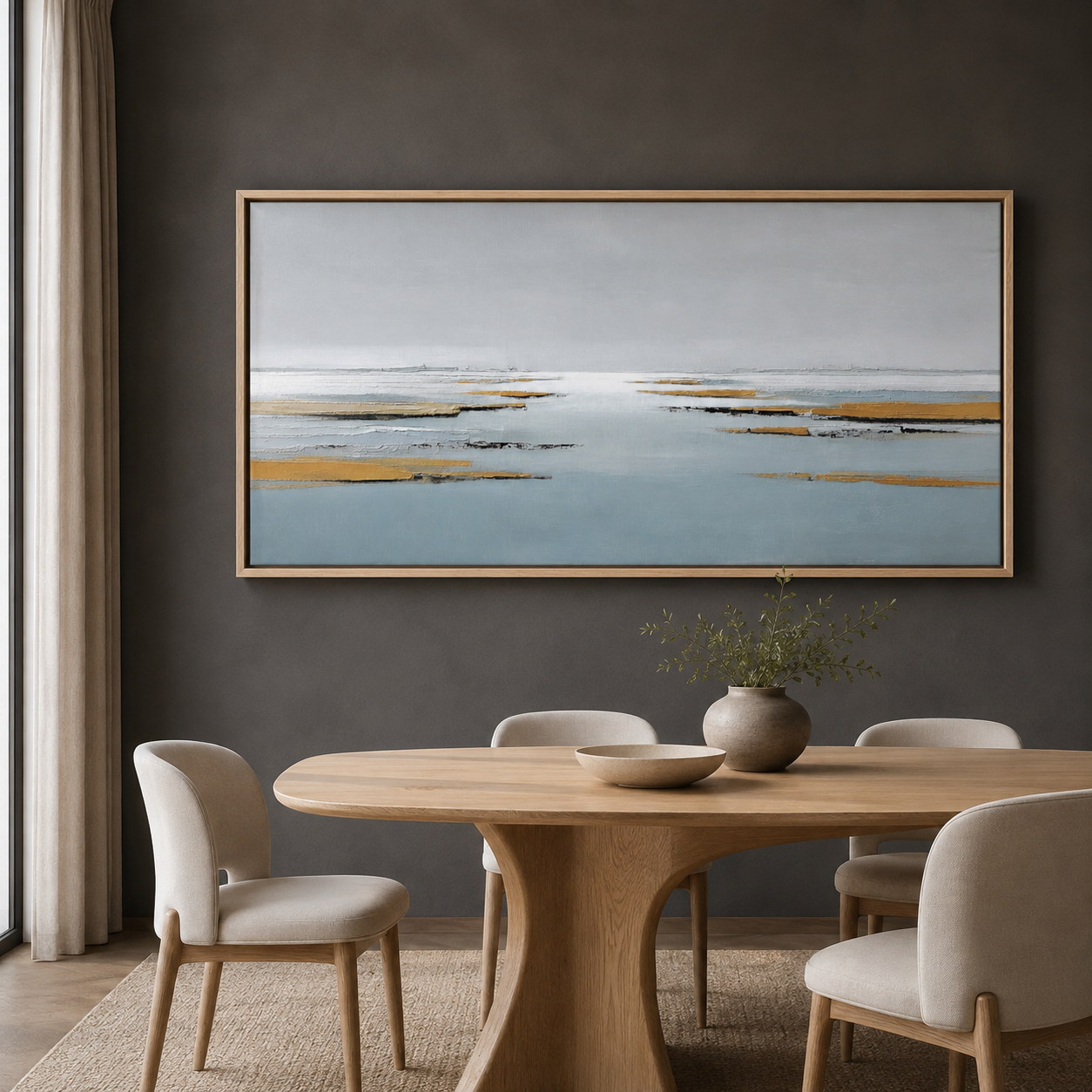 Gray and tan wall art canvas print in a dark charcoal dining room – Low Water by Rossetti Art