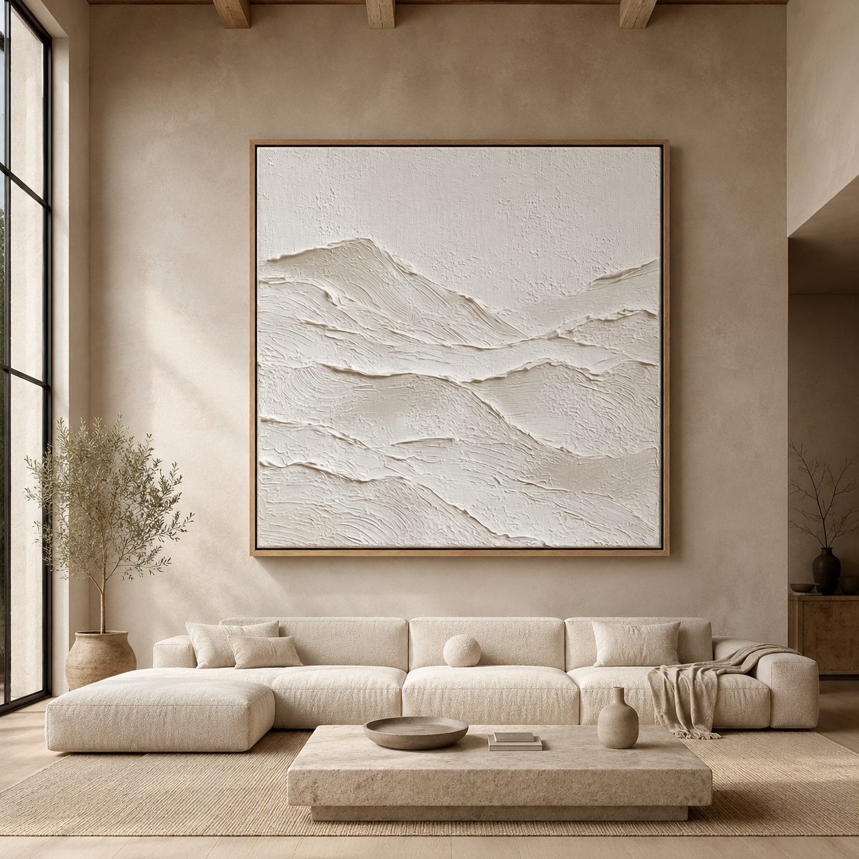 Textured wall art with hand-built ridge relief in a modern living room – Still Range by Rossetti Art