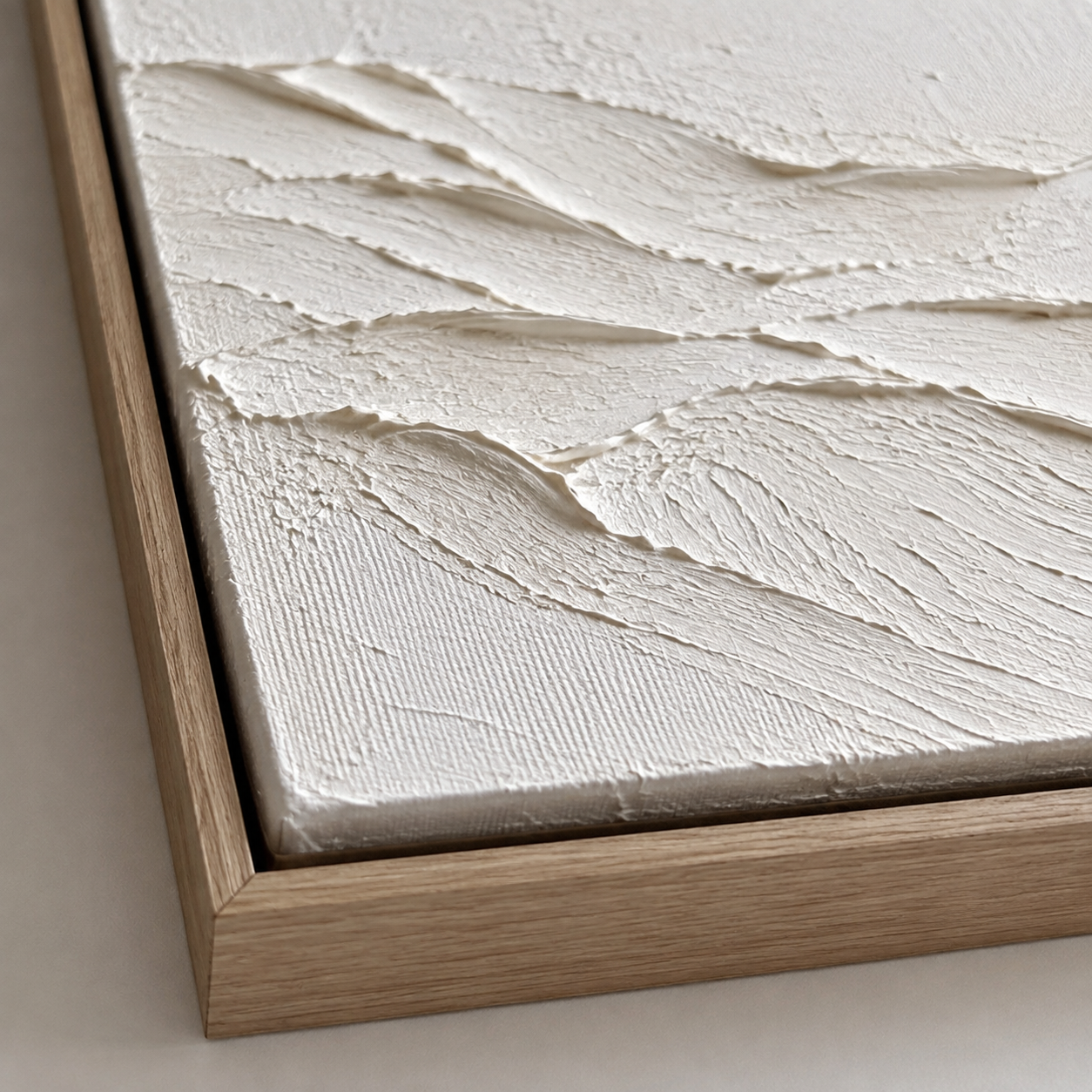 Close-up of hand-built ridge texture in oak floater frame – Still Range by Rossetti Art